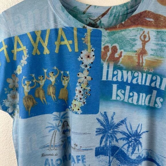 Vintage Cubism XL Hawaiian Islands Pop Art Graphic Tee Blue Retro All Over Print - Picture 3 of 8